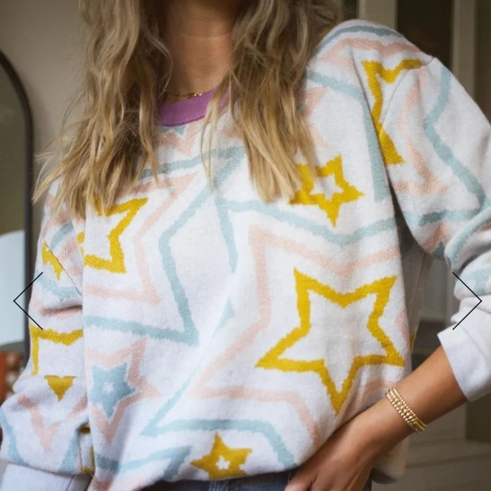 NWT Splendid Ziggy Star Oversized Crewneck Sweater White Blue Yellow Size Small